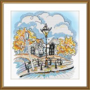Набор для вышивки нитками на канве с фоновым изображением Осенний городок 