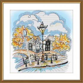 Набор для вышивки нитками на канве с фоновым изображением Осенний городок 