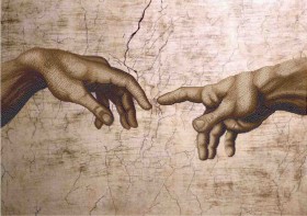 Схема вышивки бисером на габардине Сотворение Адама (Микеланджело)