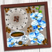 Схема вышивки бисером (нитками) на габардине Годинник Кава з орхідеями