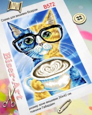 Схема вишивки бисером на габардине Кот с кофе Biser-Art 30х40-В572