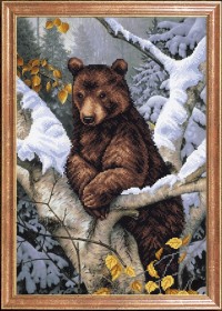 Схема вышивки бисером на габардине Медведь на дереве