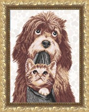 Рисунок на габардине для вышивки бисером Собака с котенком
